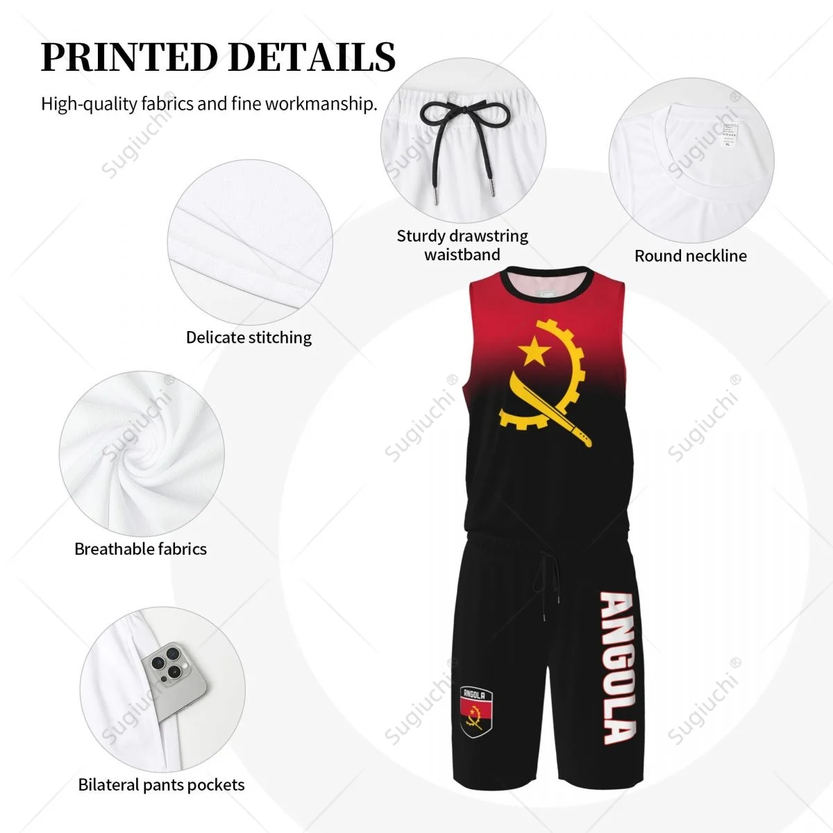 Conjunto de camiseta de baloncesto con bandera de Angola para hombre, camisa y pantalones de malla, sin mangas, exclusivo, con nombre personalizado, Nunber, Unisex