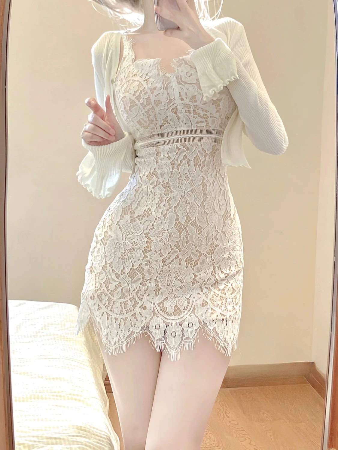 2023 Autumn Elegant Lace Clothing Suit Woman Korean Fashion 2 Piece Set Slim Y2k Mini Dress + Casual Short Cardigan Office Lady