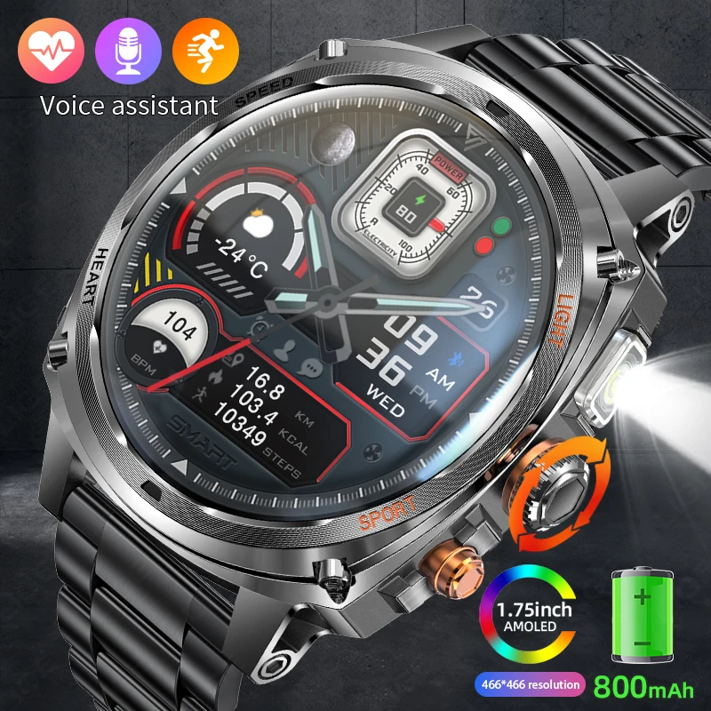 

LIGE New 800mAh Large Battery Smart Watch Men 1.75" AMOLED HD Display LED Flashlight Sport Fitness Bluetooth Call Smartwatch Man
