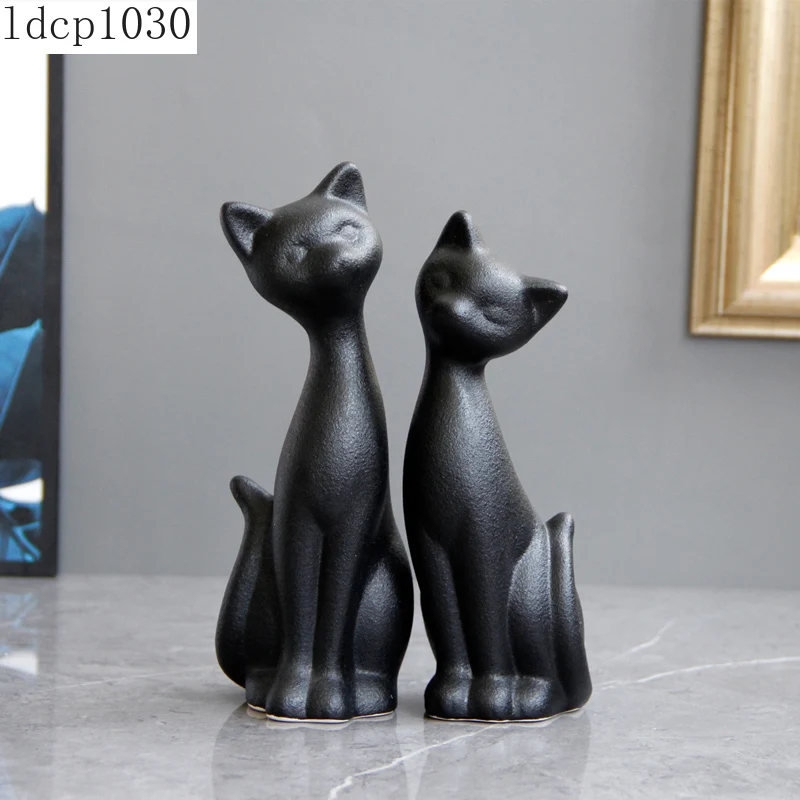 2-piece Set of European-style Black Ceramic Cat Crafts Black Frosted Animal Figurines Children's Room Cartoon Decoration Gifts