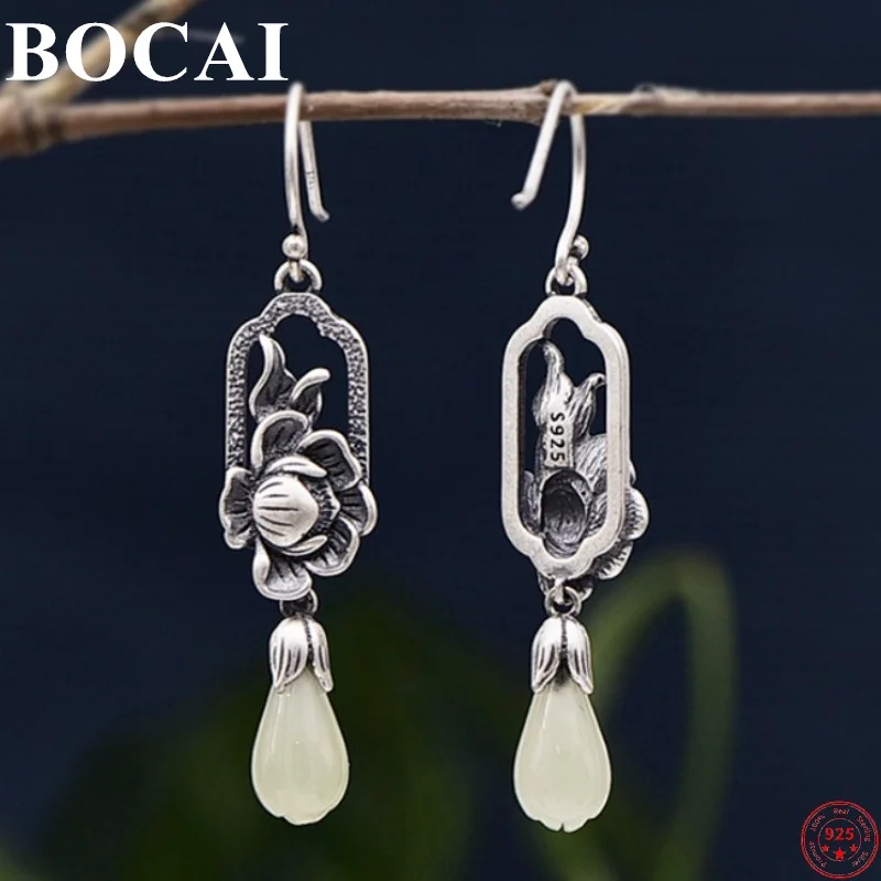 

BOCAI S925 серьги-капли из стерлингового серебра для женщин, новая мода, перегородчатая пион, жемчуг, нефрит, кисточки, серьги-капли, ювелирные изделия, оптовая продажа