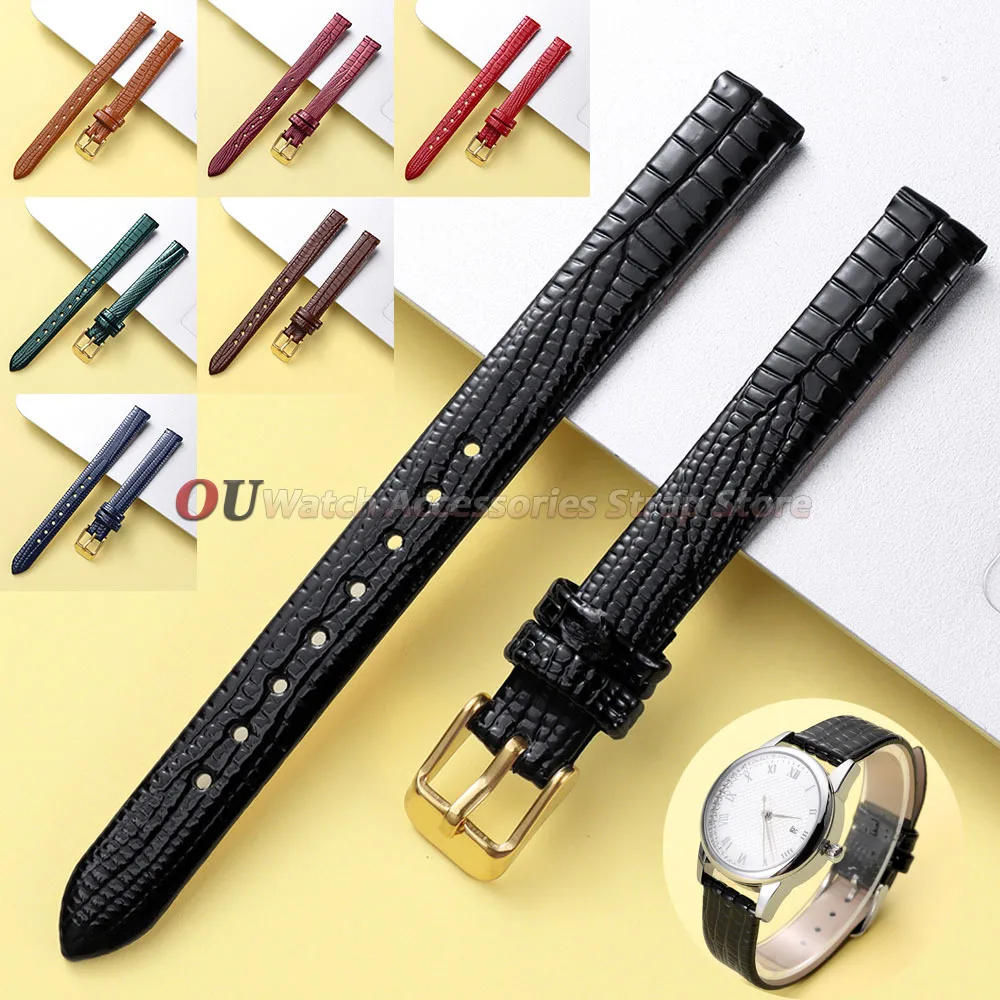 Universal 10mm 12mm 14mm 16mm Lizard-Patterned Thin Leather Watch Band Women Bracelets Small Size Gold Buckle Strap Accessories