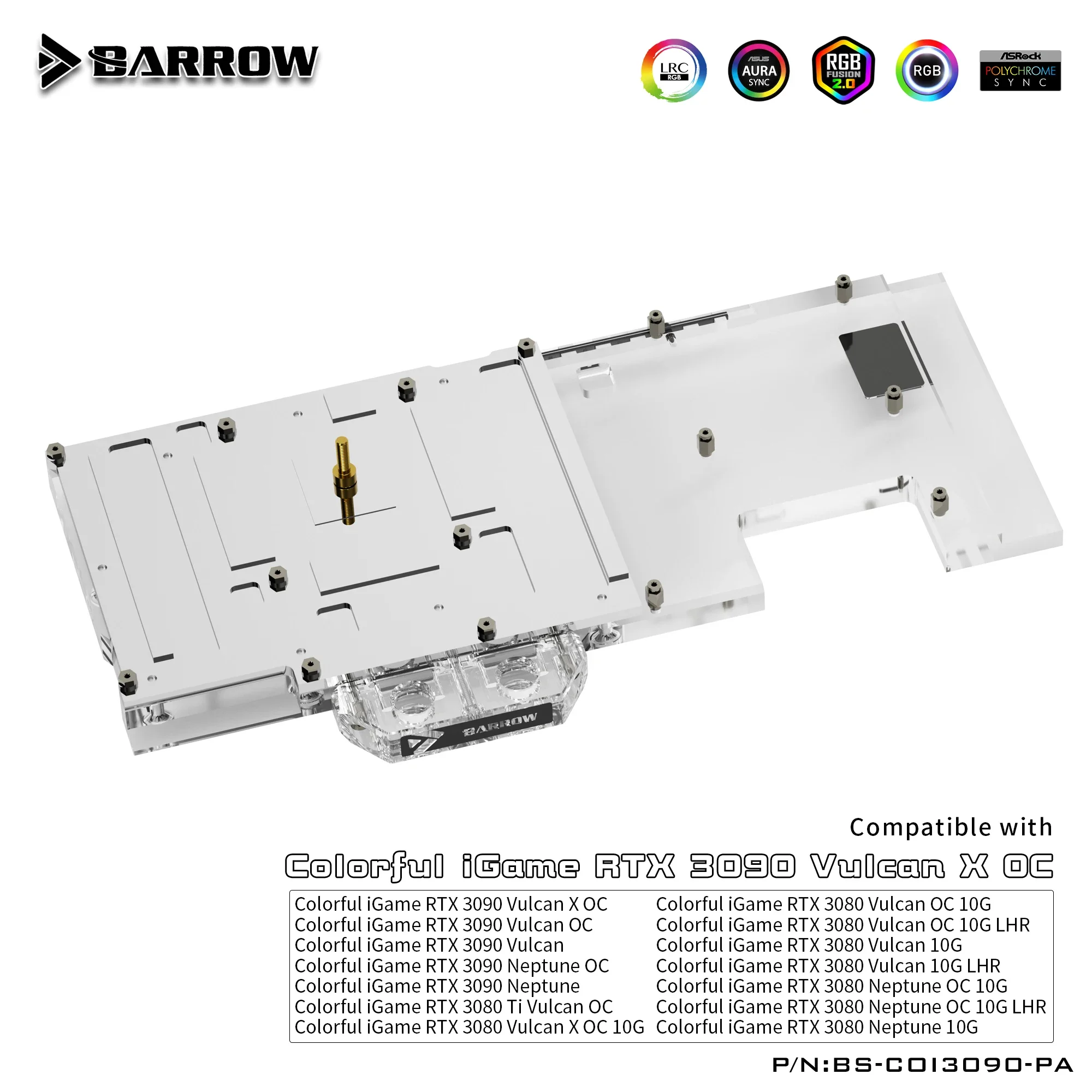 Imagem -03 - Barrow Gpu Placa Gráfica Refrigerador Bloco de Água para Igame Colorido Rtx 3090 3080 Vulcan x oc Neptune oc 5v Argb 3pin Aura Sync