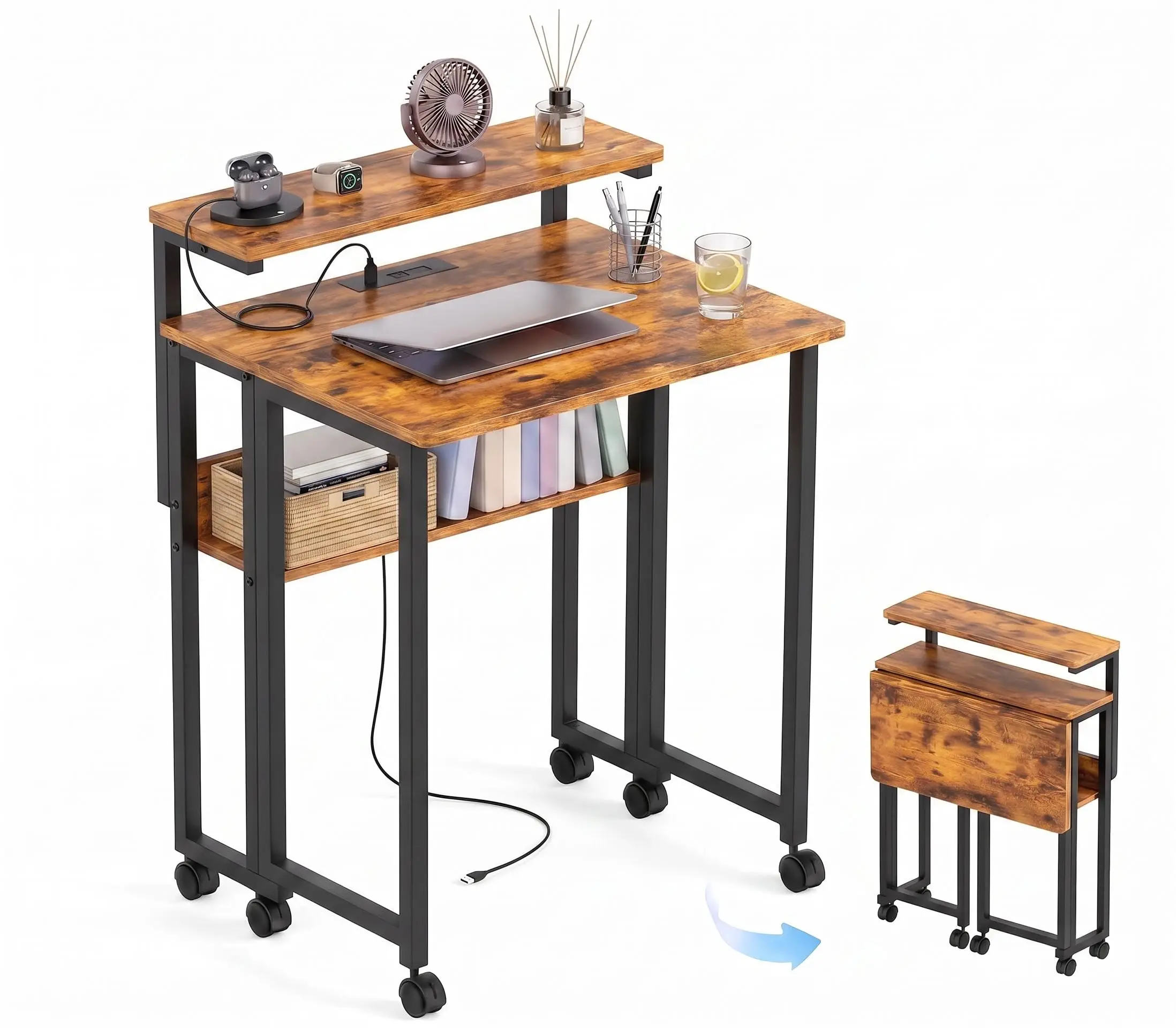 Collapsible Small Desk with Ergonomic Monitor Stand & USB Charging Port, 24.8