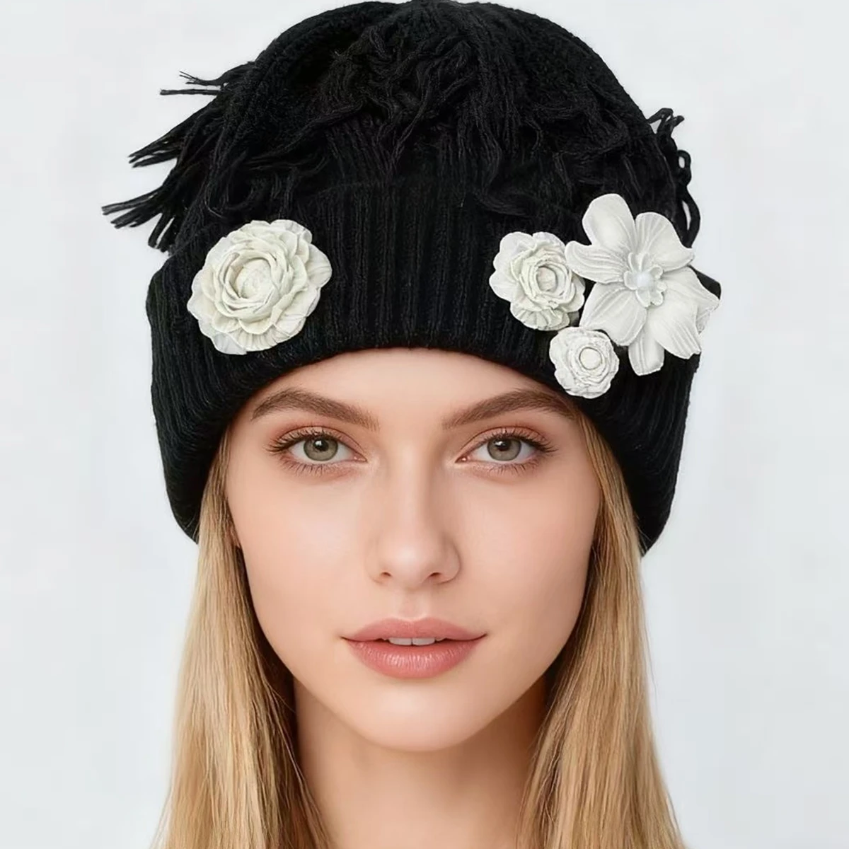Vintage Knitted Beanie with Flower Decor Women Winter Sweet Cool Warm Tear Hole Wasteland Style Unique Knit Cap for Outdoor