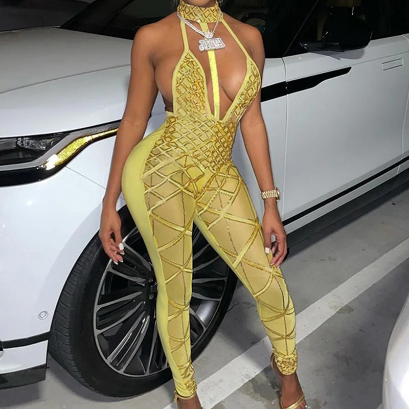 

Crystal Women Hollow out Jumpsuit Overalls For Women Sleeveless Female Clothes Sexy Bodysuit Elegant Bodycon