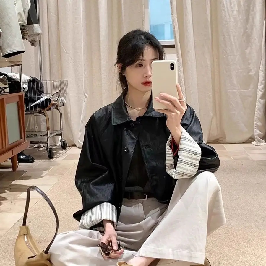 

Ветровка, куртки для женщин, осенняя женская одежда Y2K, отложной воротник, пуговицы, передний карман, чистый стиль, простой длинный рукав