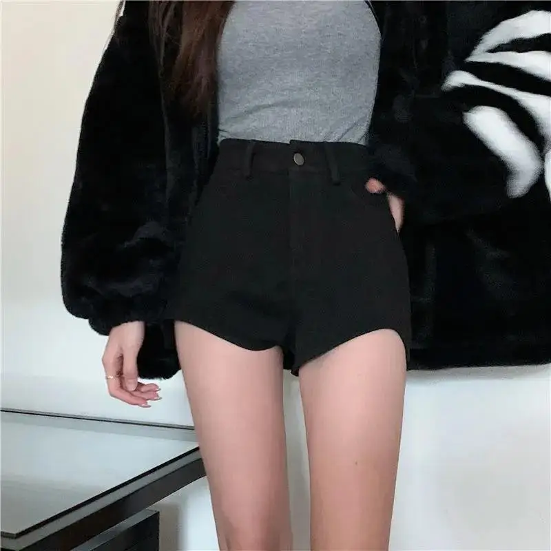 Short en denim irrégulier noir pour femme, jean taille haute d'été, short serré élastique, vêtements basiques pour femme, 2024