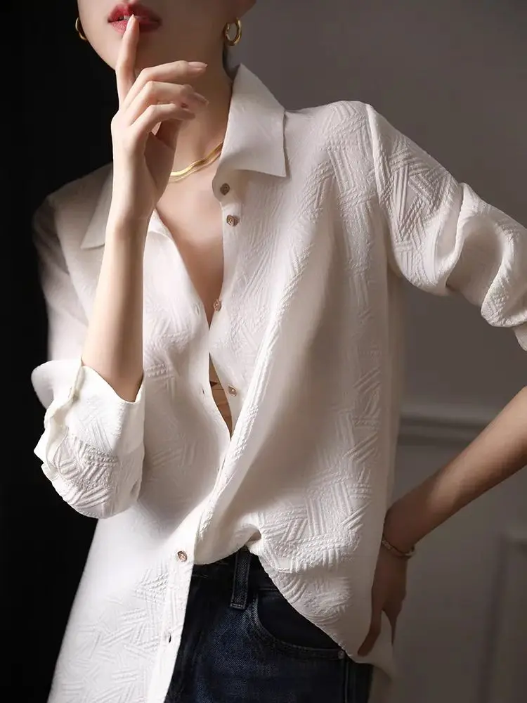 Elegant Shirts For Woman White Long Sleeve Jacquard Weave Button Turn Down Collar Autumn Shirt Female Fashion Temperament Tops