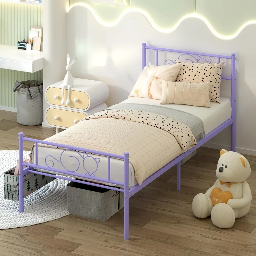 إطار سرير معدني بحجم مزدوج أرجواني من GIME للأطفال/الفتيات/المراهقين/الكبار، سرير بمنصة بتصميم قطة لطيفة مع حقيبة تخزين معلقة، مقاس M قوي #4