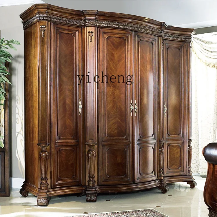 i10.10-- Solid Wood Wardrobe European Style Carved Four-Door Cloakroom Storage Cabinet American Retro Vintage Storage Cabinet