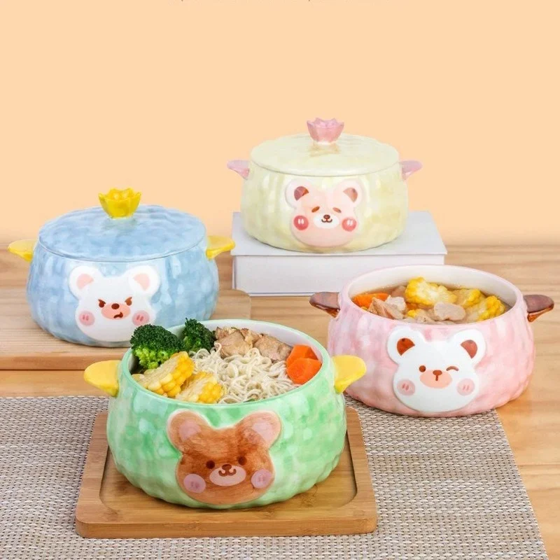 

Cartoon ceramic noodle bowl with lid household salad creative underglaze color student instant noodle soup bowl