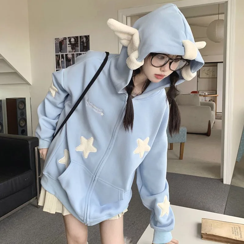 Autumn Y2k Style Women Hoodies Preppy Style Clothes For Teens Hooded Angel Wings Zipper Oversized Sweatshirt Casual Cute Outwear