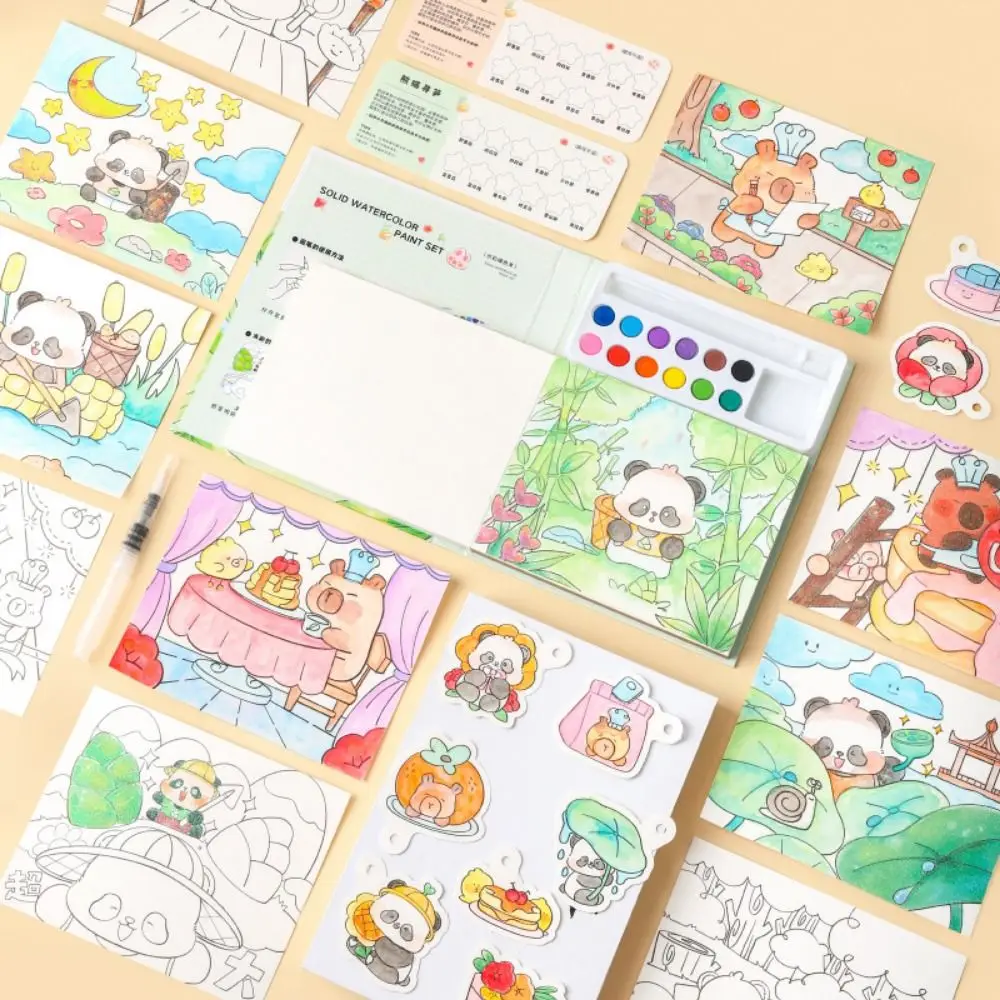 Creative Gouache Graffiti Picture Book with 10-Color Pigment Blocks 24 Pages Blank Doodle Book Set DIY Dip Pens Coloring Game