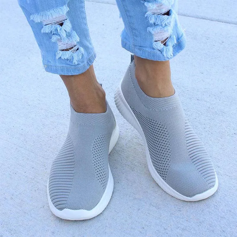 Sapatilhas de plataforma plana para mulheres, sapatos robustos de deslizamento, sapatos de caminhada casuais, meias, moda