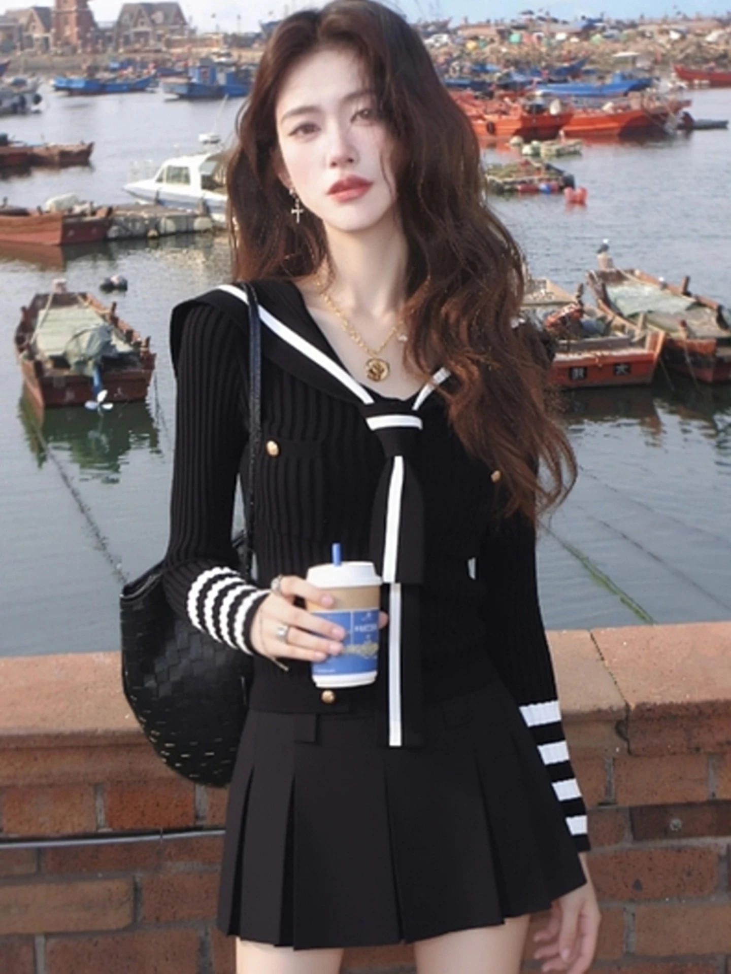 Einzigartiger koreanischer SLE Navy Kragen Farbe Blo Long Sve Strickpullover Ort Fit Damen Top Herbst Winter Anti-Aging Vielseitig