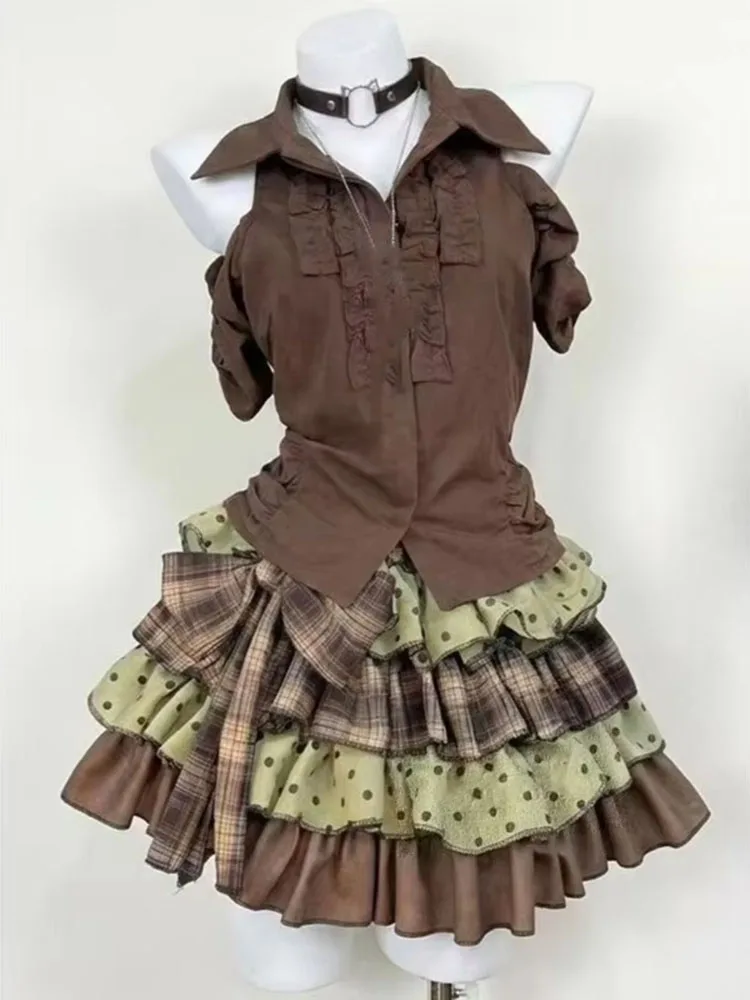 Japanese Y2k Vintage Two-piece Outfit Brown Cold Shoulder Blouse Tiered Ruffle Plaid Polka Dot Mini Skirt Casual Streetwear 2pcs
