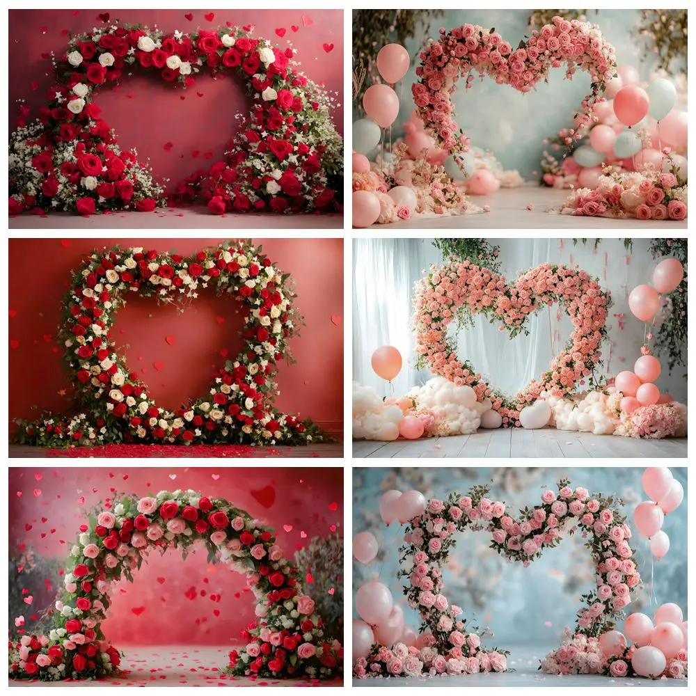 Rose Flower Arch Love Heart Valentines Day Backdrop Romantic Couple February 14 Date Party Wedding Photography Background Banner