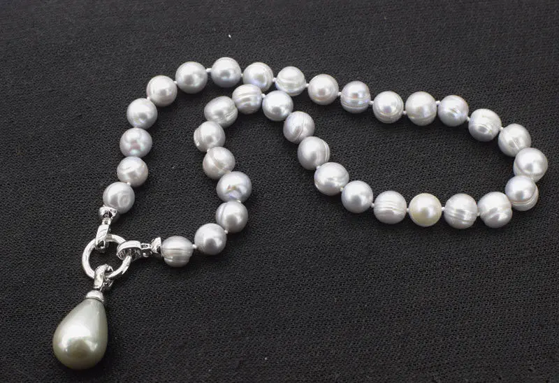 Handmade 10-11mm freshwater pearl gray near round water drops shell pearl pendant necklace 45cm