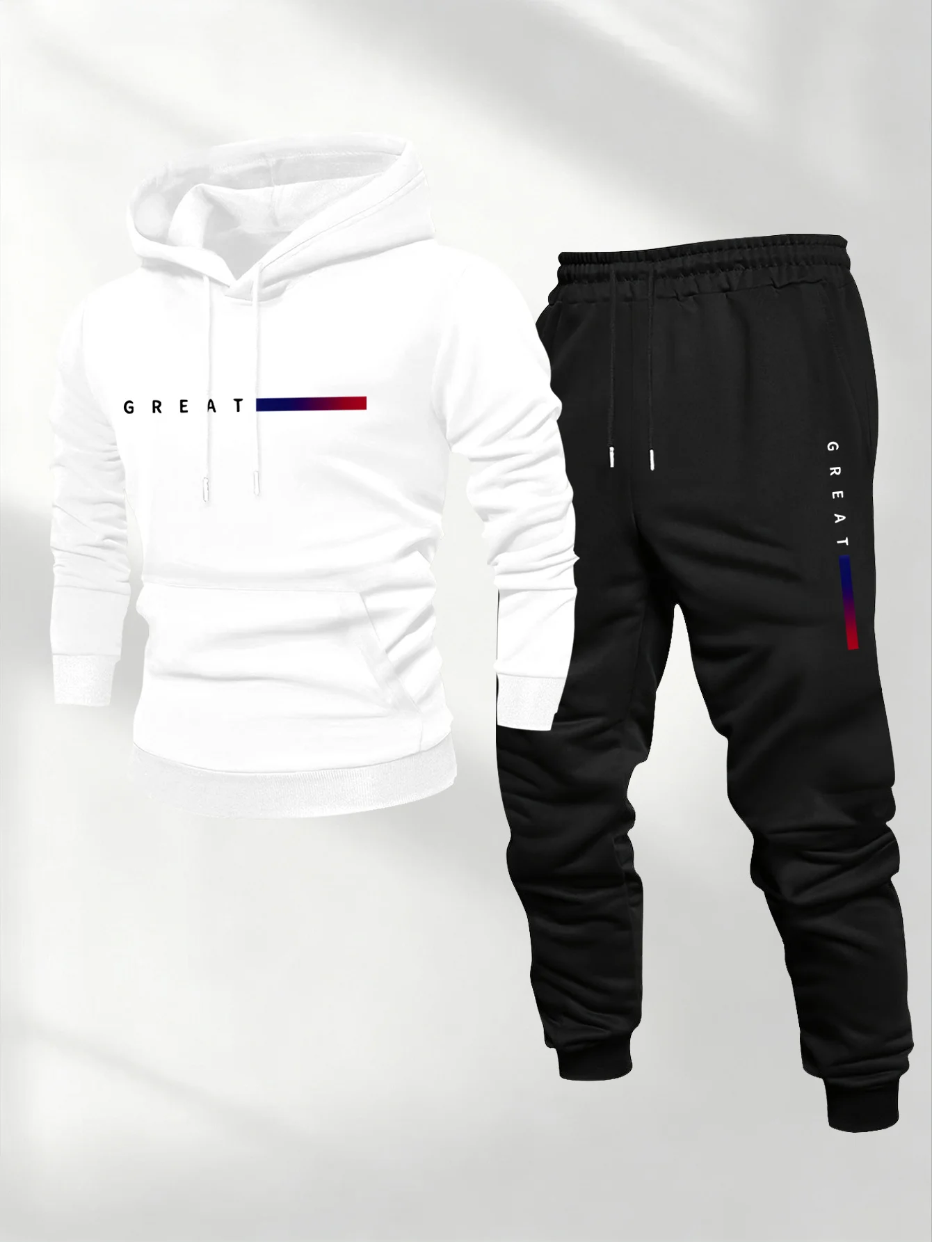 2026 Fashion Simple GREAT Gradient Stripe Letter Men Tracksuit 2Pcs Hooded Sweatshirt Drawstring Jogger Pants Male Casual Urban