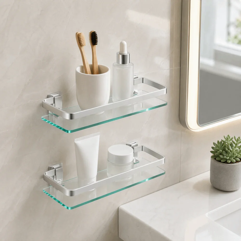 Aluminum Glass Bathroom Storage Rack Tempered Thickened Glass Silver Glass Shelf Organizer Rectangular Shape Space Saving