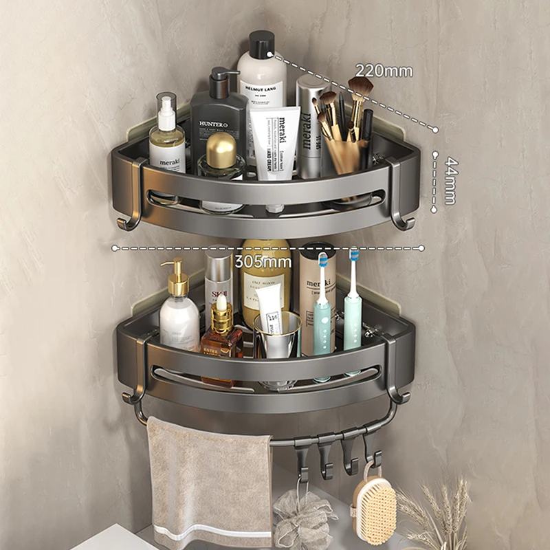 Étagère d\'angle avec crochet et porte-serviettes, sans espace de perçage, rangement de douche en aluminium, 1 à 3 pièces, T1