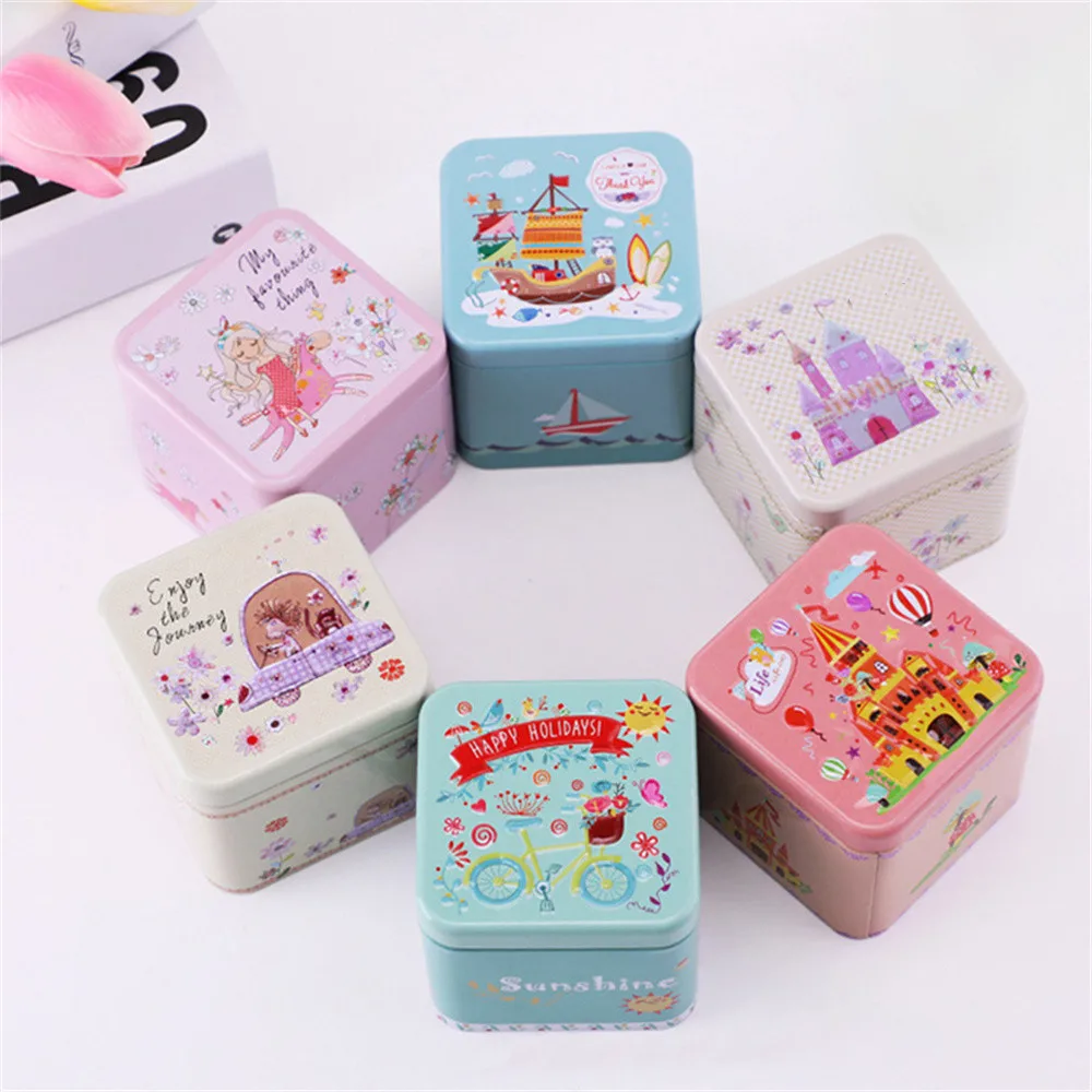 Colorful Metal Mini Square Tin Can Cartoon Carving Box for Children Candy Beads Coin Earrings Sealed Jar Packing Storage Gifts