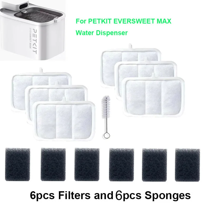Ensemble de 6 filtres et 6 éponges, accessoires de remplacement pour fontaine à eau pour chat, compatible avec le distributeur d'eau automatique sans fil PETKIT EVERSWEET MAX 3L