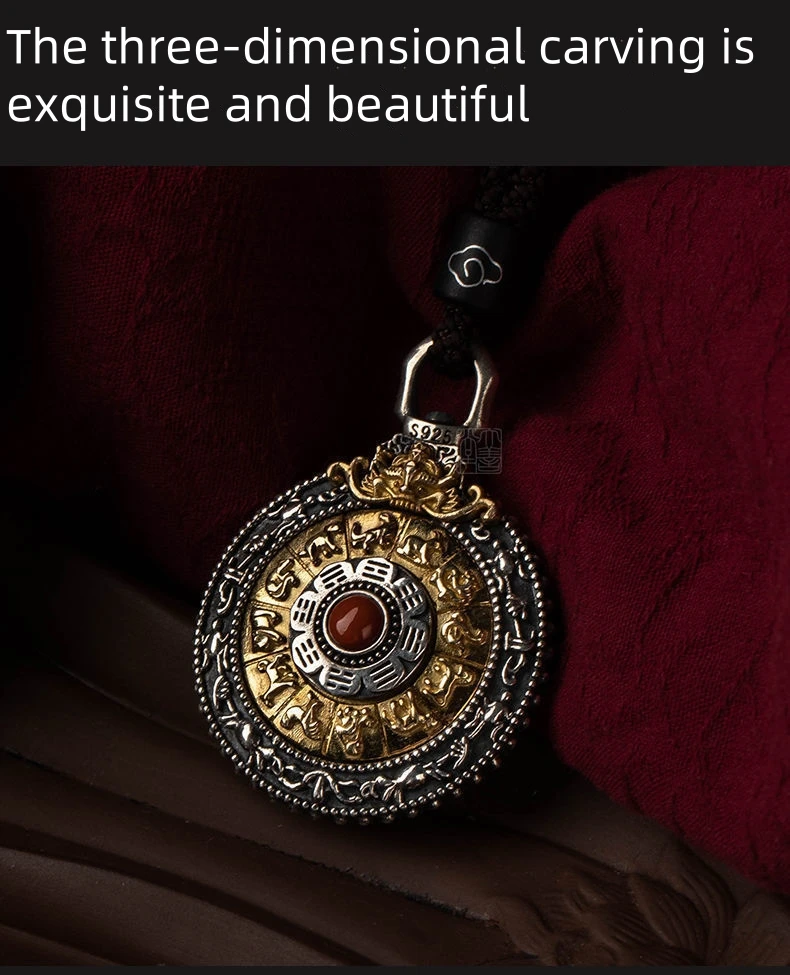 Rotable Retro S925 Sterling Silver Zodiac Nine Palaces Eight Diagrams Pendant Men's Amulet Inlaid Jewelry Necklaces Gift
