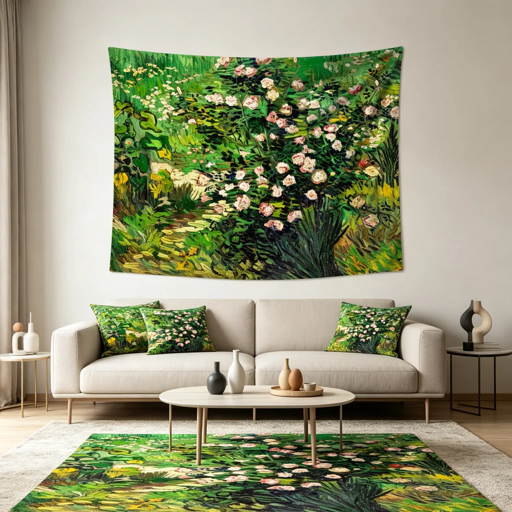1PC Van Gogh Style Rose Garden Art Print Backdrop Banner, Bedroom Living Room Photo Background, Polyester, Home Decor, Wall Art