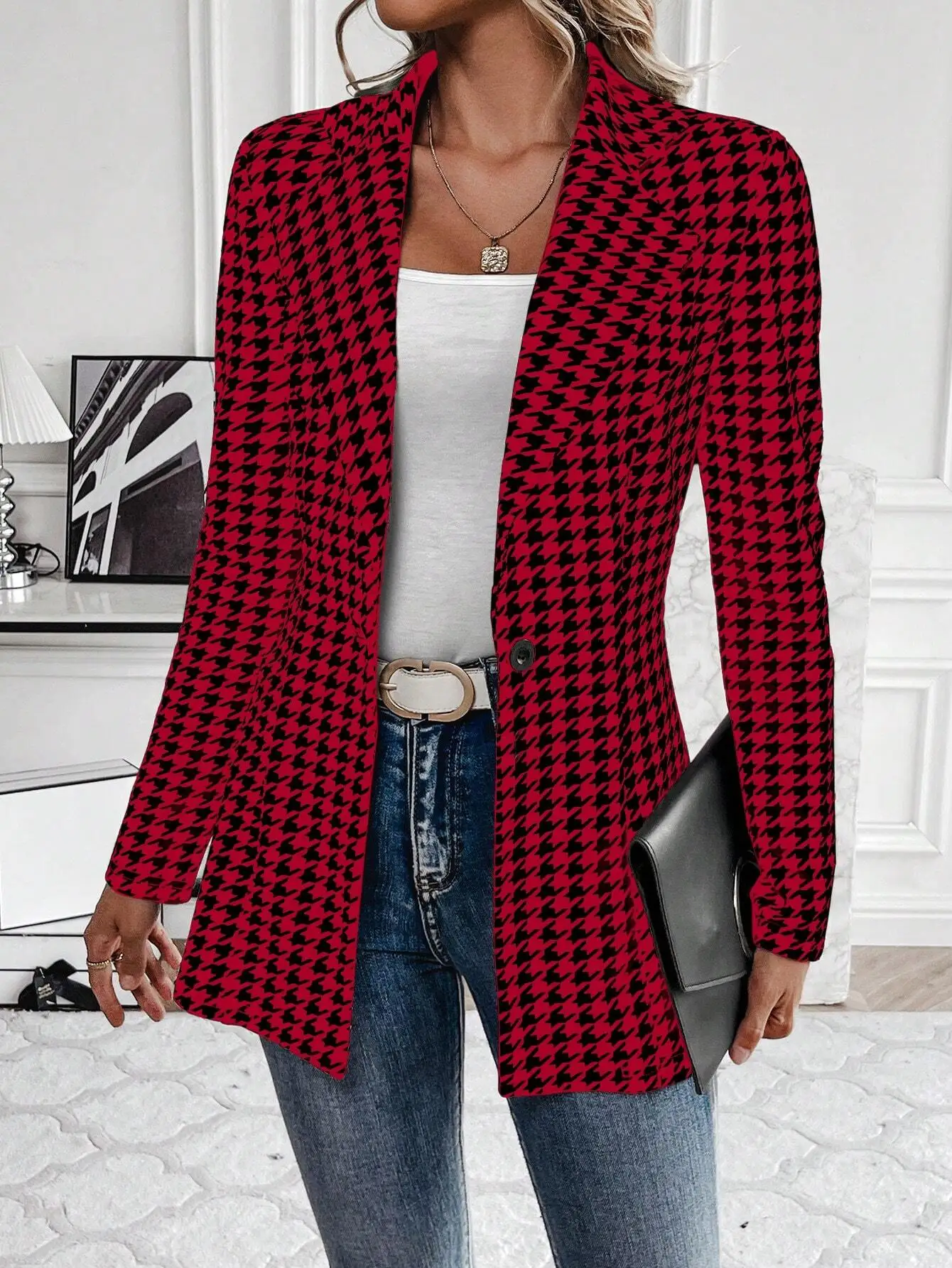 

Red Houndstooth Blazer Jacket for Women, Fall Winter Style, Single Button, Casual & Office Wear