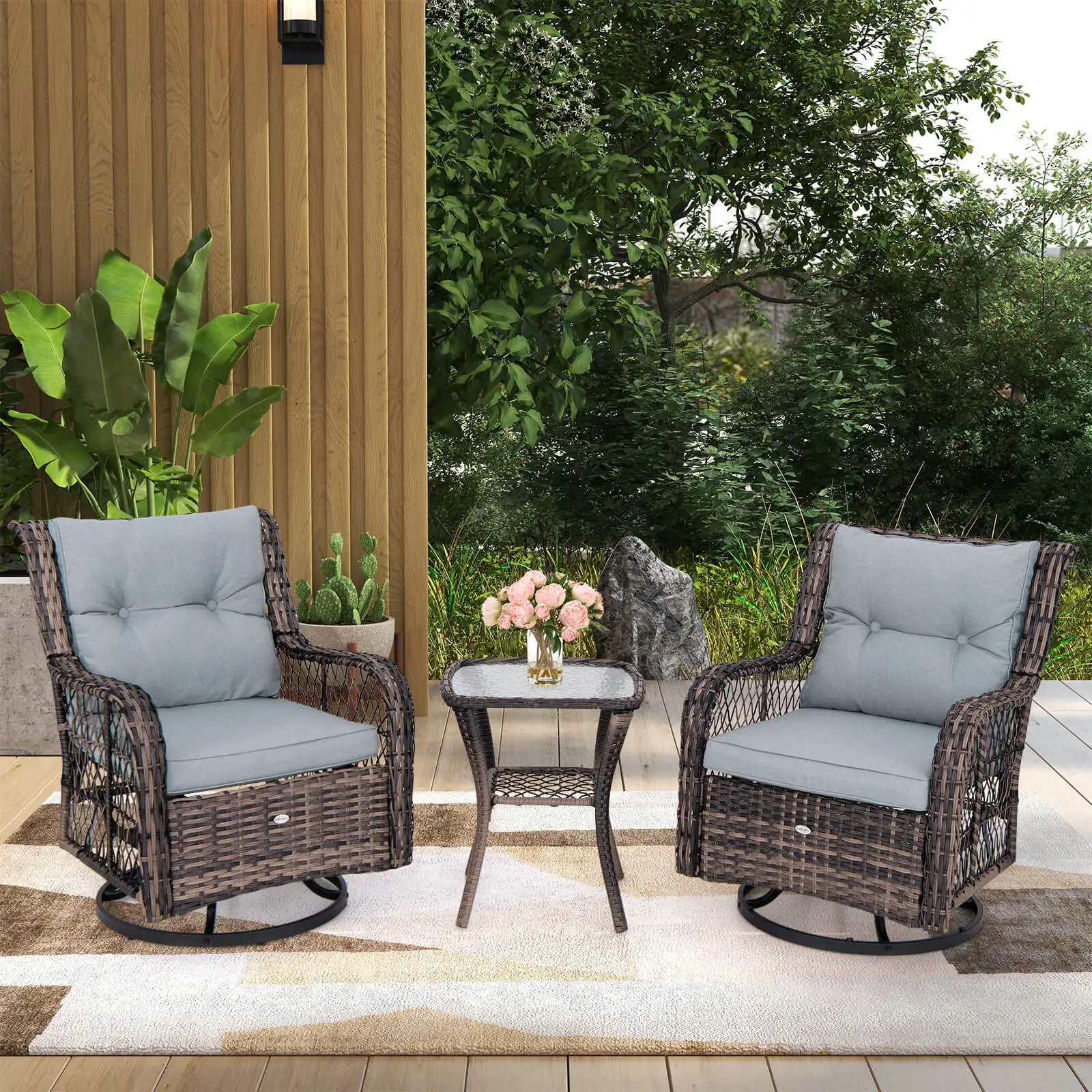 

3 PCS Patio Furniture Set Rocking Chairs Set of 2 with Glass Top Side Table