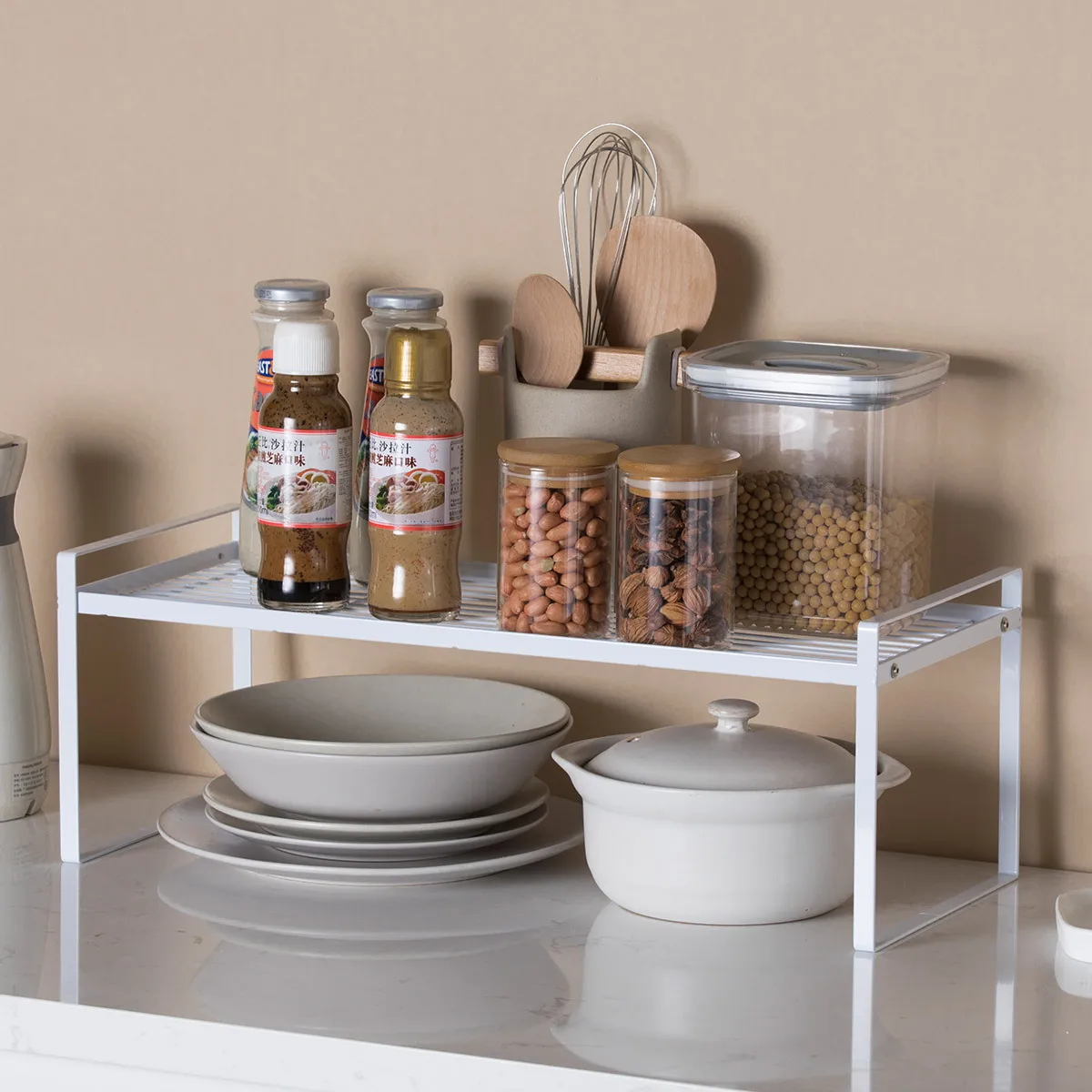 Organizador de Prateleira para Armário de Cozinha - Suporte Multifuncional em Camadas para Acessórios de Cozinha e Armazenamento Doméstico