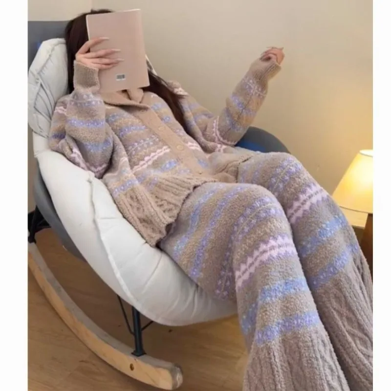 Lazy Contrast Color Winter Thickened Warm Cardigan Pajamas Women's Autumn and Winter Striped Design Comfortable Homewear Set