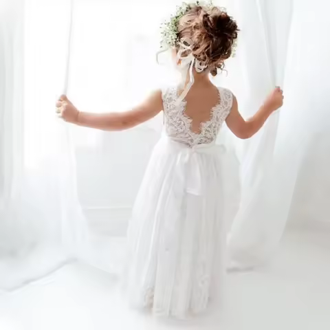 New Girl Princess Dress White Lace Long Dress Wedding Flower Children Open Back Wedding Dress Girl Elegant Evening Dress