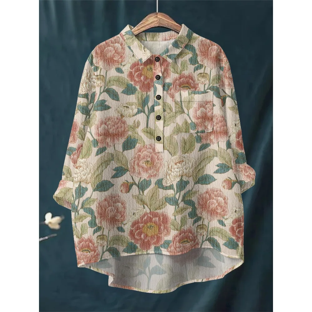 بلوزة نسائية أنيقة بطبعة زهور رومانسية فرنسية قميص بأكمام طويلة نصف زر للأسفل مع حاشية غير متماثلة ملابس علوية غير رسمية ناعمة #4