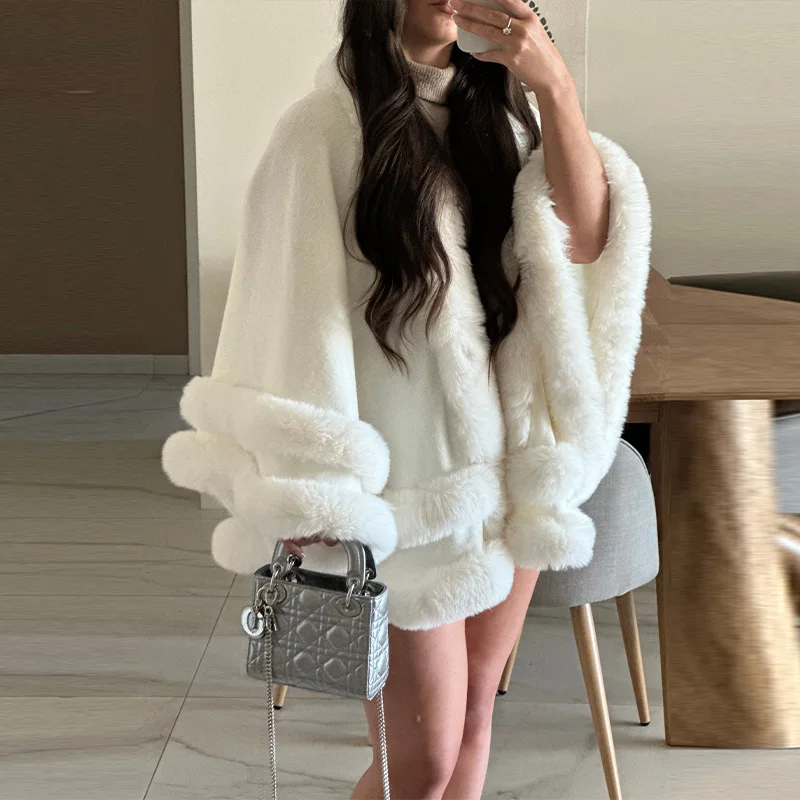 

Утолщенная накидка-пончо из искусственного меха, роскошная 2-круглая пушистая лоскутная накидка, свободное теплое женское зимнее пальто, шаль с широкими рукавами, новинка 2025, женские накидки