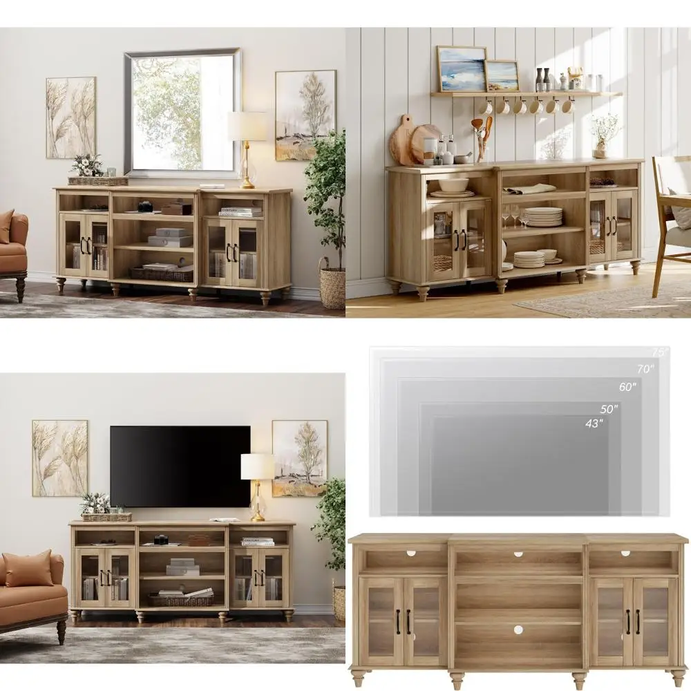 

Universal TV Console for 75-inch TVs with 4-Door Glass and Wood Storage Cabinets, Oak Entertainment Center