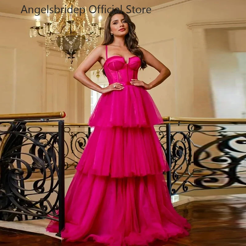 

Angelsbridep Gorgeous Tiered Tulle Prom Dresses Sweetheart Spaghetti Straps A-Line Fuchsia Evening Party Dresses Long Prom Gowns