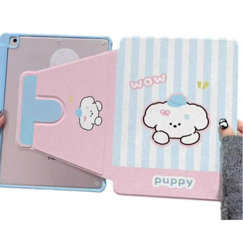 Cute Cartoon Puppy 360 Rotating Pen Slot Tablet Case For iPad 2026 Air 8 7 6 4 3 2 1 Pro 2024 11in 12th 11 10 9 8 7 6 5th Cover