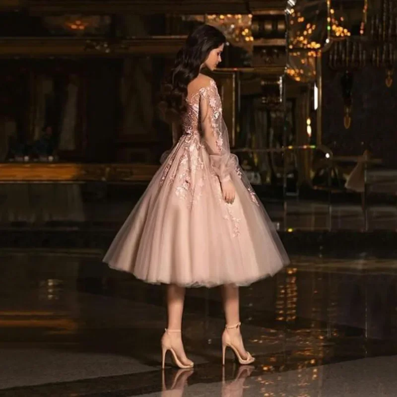 Vestidos de fiesta de mujer de color rosa con clase, mangas largas, apliques de novia hasta la rodilla, ilusión de hadas, vestidos de baile para banquete de noche inteligentes