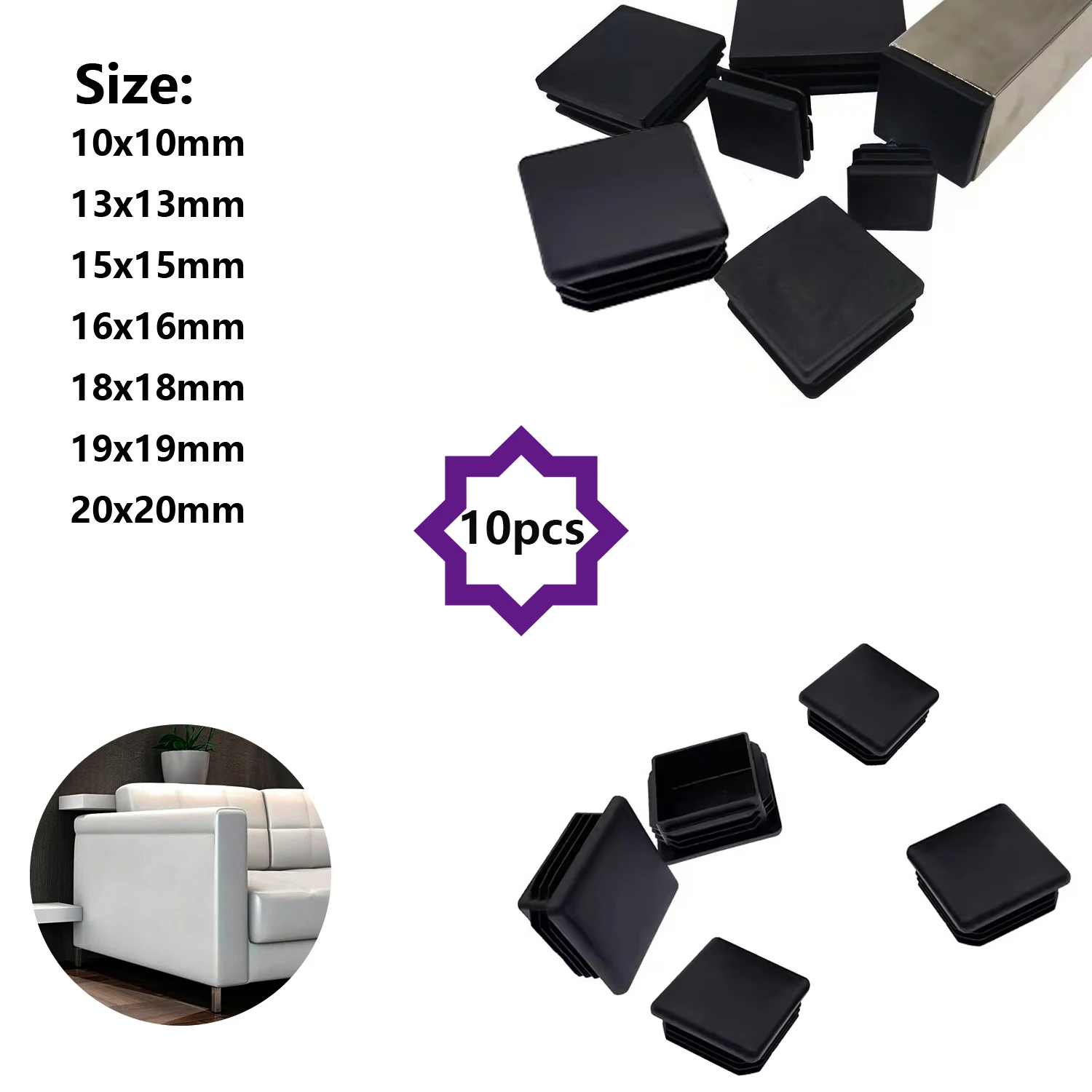 10-50Pcs Square Black Plastic Tube Plugs, Tubing End Caps for Chair Table Stool Leg, Furniture Replacement Feet Covers