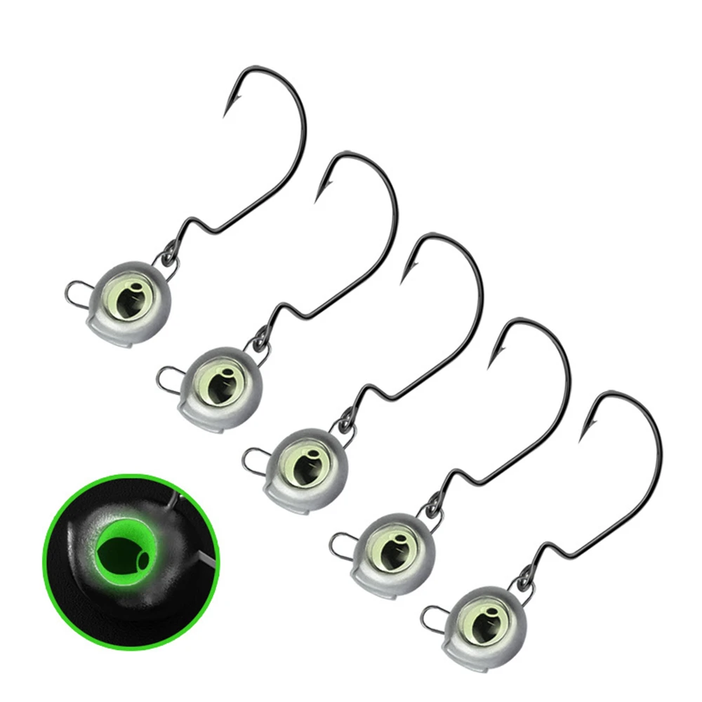 10pcs Weedless Jig Heads with Glow Eyes - Wide Gap Hook for Bass Perch Root & Texas Rig Fishing