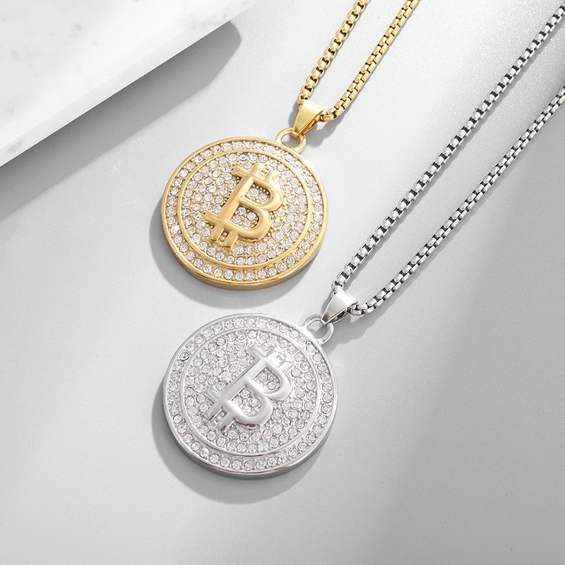 Bling Iced Out Bitcoin Pingente Colar com Strass para Homens e Mulheres Hip Hop Rock Rap Trendy Cool Jewelry