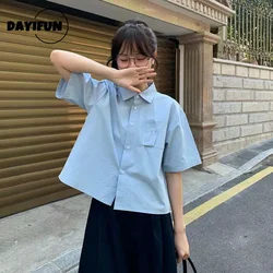 DAYIFUN Short Sleeve Shirts Women Solid Splicing Short White Blouses with Pocket 2024 Summer College Style Oversize Shirt Lady