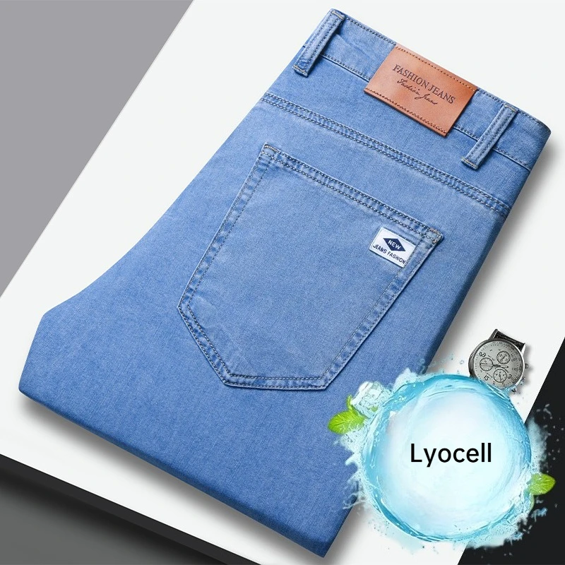 

Тонкие мужские джинсы из лиоцелла, прямые, модные, удобные, дышащие, брендовая мужская одежда, повседневные деловые джинсовые брюки