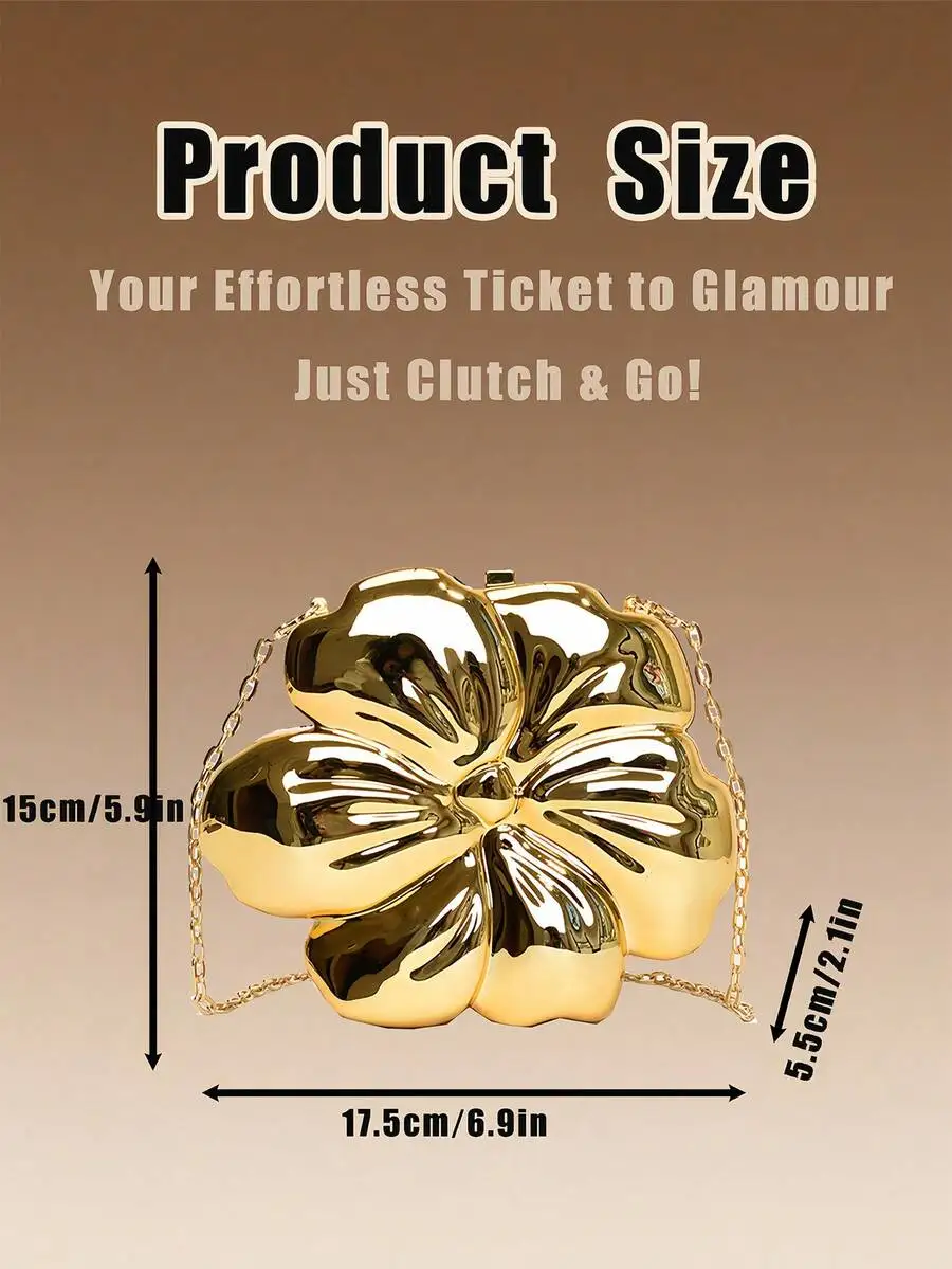 

Metallic Flower Shape Evening Clutch Bag With Detachable Chain Strap For Party Formal Dress