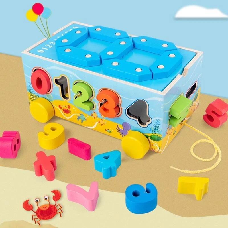 090B Wooden Number Puzzles Pull Along Car Number Sorting Toy for Toddler