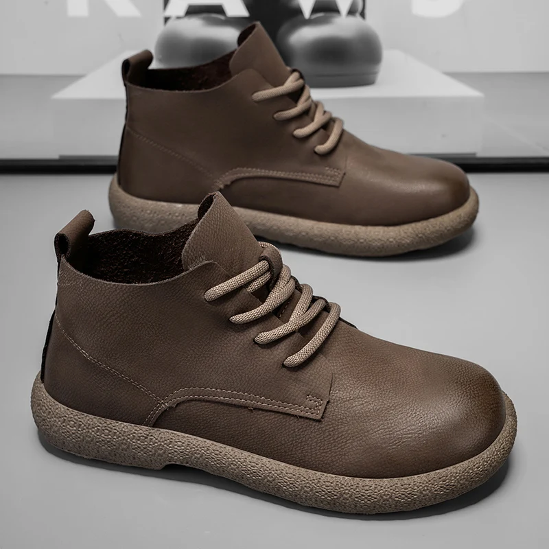 

Shoes Designer Men's Brown Leather Ankle Boots with Retro Style Lace Up Design and Anti Slip Sole for Outdoor Casual Shoes 2025