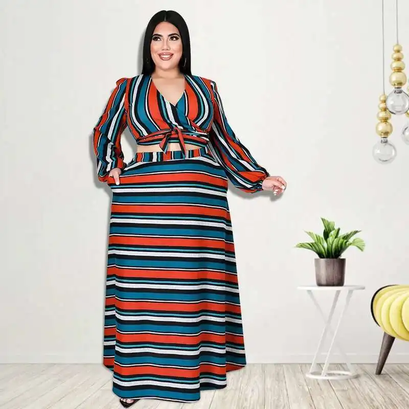 

21858 Large Women's Clothing 2025 Autumn New Horizontal and Vertical Stripes Two-piece Set New Products